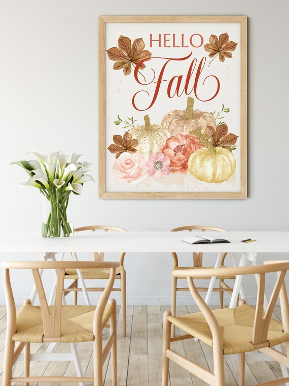 Hello Fall Gold Pumpkins Digital Print | Printable Autumn Art | Fall Art Print | DIY Fall Wall Art | Kitchen Wall Decor | Instant Download