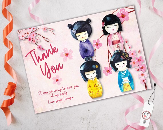 Japanese Dolls Birthday Thank You Card, Kokeshi Thanks, Cherry Blossom, Japanese Tea, Sweet Pink Thank You Card, Editable Thanks Card