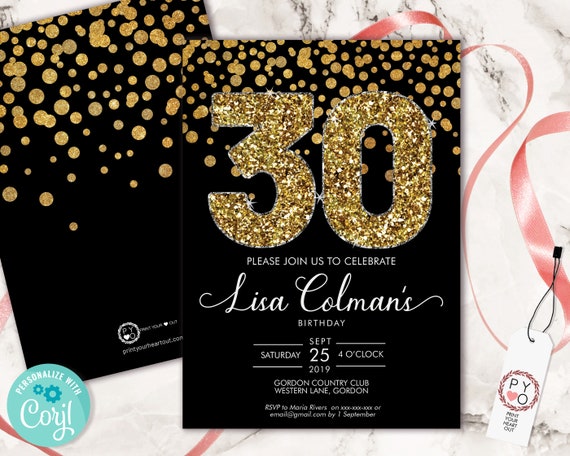 DIY 30th Birthday Confetti Invitation Printable Template, Black Gold Glitter Editable Birthday Party Invitation for Women, Printable