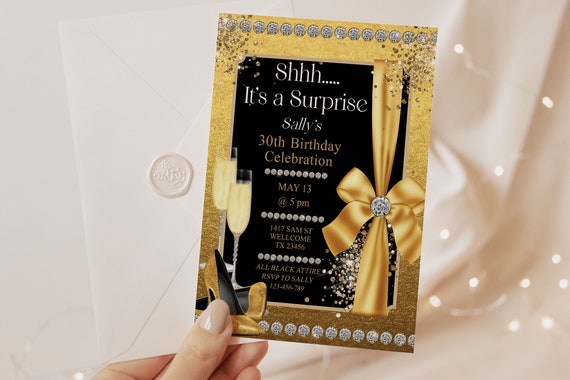 Luxe Gold Bow Birthday Invitation | Diamond Heels Surprise Party | Editable Template