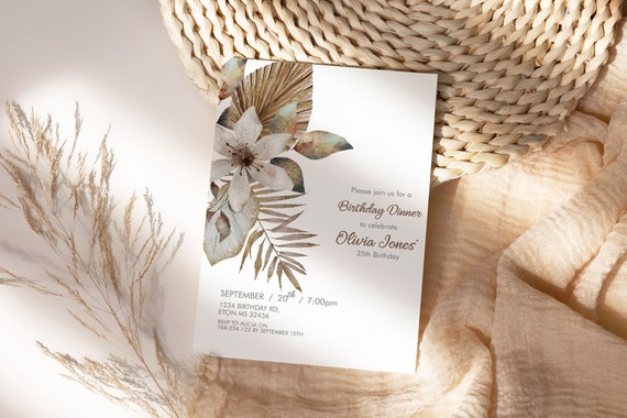 Boho Brown Tropical Birthday Invitation, Modern Fan Palm Brunch Foliage Invite, Printable Lunch Dinner Party, Dried Leaves Editable Template