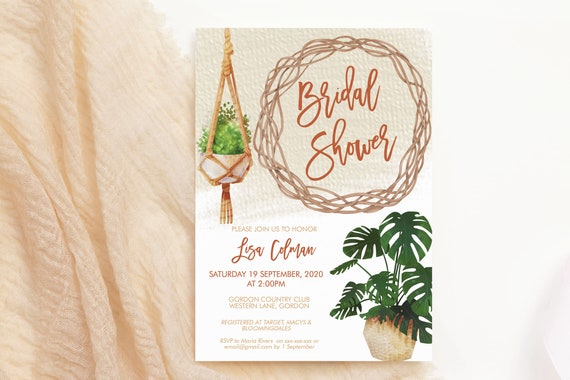 Boho Plants Garden Bridal Shower Invitation, Modern Hanging Baskets Shower Invitation, Printable Bridal Shower, Tropical Editable Template