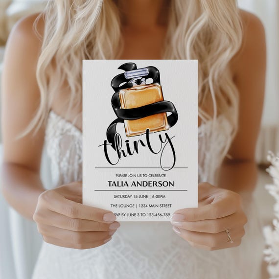 30th Birthday Invitation – Black Bow, Designer Perfume Bottle Minimalist Design (Editable Template)