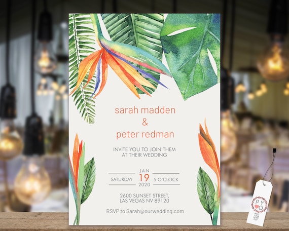 Bird of Paradise Wedding Invitation, Modern Leaf Invitation, Reception, Orange Invitation, DIY Printable Invite, Wildflower Invitation