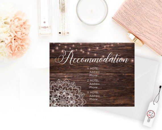 Mandala Accommodation Card, Party Lights Hotel Selections, Woodfence Mailer, Rustic Hotel Card, Boho Wedding, Barn Style Motel Card