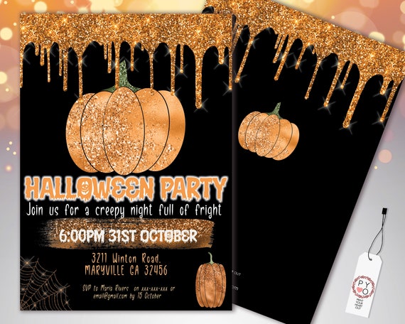 Halloween Orange Pumpkin Glitter Drip Invitation Printable Template, Glitter Pumpkin Party Invite, Printable Spooky Fright Night Invite