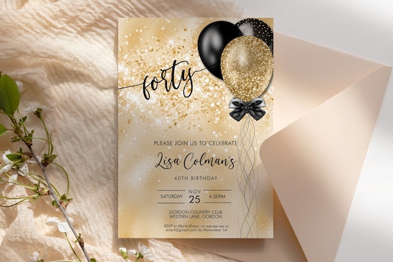 DIY Any Age Birthday Gold Glitter Invitation Printable Template, Designer Sparkle Editable Dinner Event Party Invite for Women, Balloons