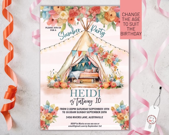 Slumber Party Sleepover Teepee Lights Birthday Floral Invitation, Boho summer invite, Editable Tribal Tent pink flower girl party weekend