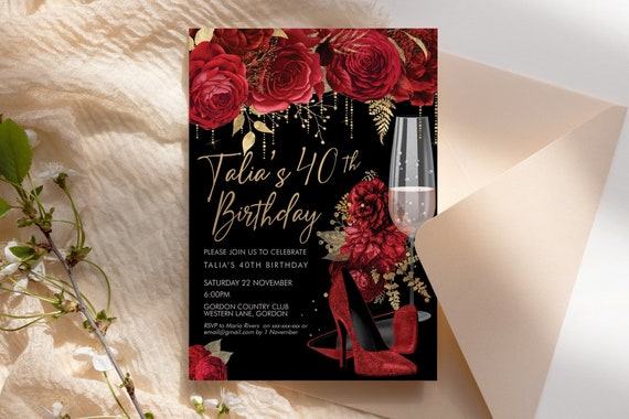 Red Gold Glitter Stiletto Champagne Birthday Invitation Printable Template, Scarlet Shoes Editable Party Dinner Women, Any Age Heels Invite