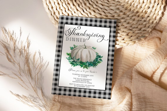 Thanksgiving Dinner Party Invitation, White Pumpkin Invite, Friends Family Party at Home, Turkey Dinner Invite, Fall Autumn Buffalo Check
