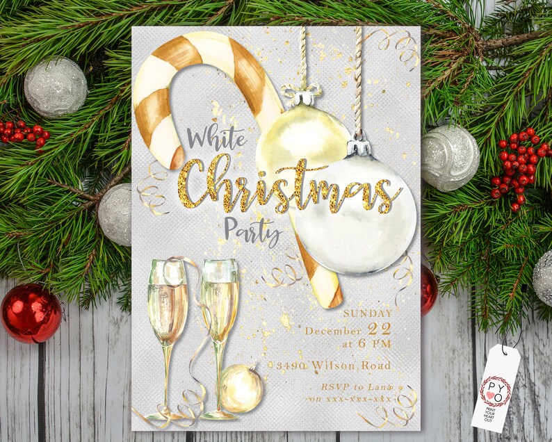 May include: A Christmas party invitation with a white and gold theme. The design includes illustrations of champagne glasses, baubles, and a candy cane. The text reads 'White Christmas Party' with the date, time, and address.