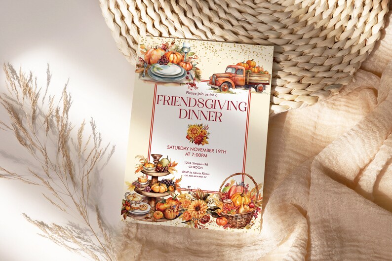 Puede incluir: Una invitaci&oacute;n a una cena de Friendsgiving con tem&aacute;tica oto&ntilde;al. La invitaci&oacute;n presenta un cami&oacute;n rojo con calabazas, una bandeja de varios niveles con fruta de oto&ntilde;o y una cesta de calabazas. El texto dice "Por favor, &uacute;nase a nosotros para una cena de Friendsgiving, s&aacute;bado 19 de noviembre a las 7:00 p. m., 1234 Simpson Rd, Gordon, RSVP a Maria Rivers".
