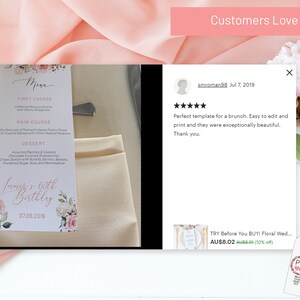 May include: A printable menu template with a floral design. The menu is for a 60th birthday party and includes a first course, main course, and dessert. The text on the menu reads "Immer's 60th Birthday 07.06.2019".