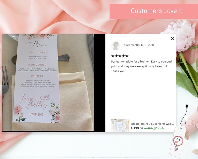 May include: A printable menu template with a floral design. The menu is for a 60th birthday party and includes a first course, main course, and dessert. The text on the menu reads "Immer's 60th Birthday 07.06.2019".