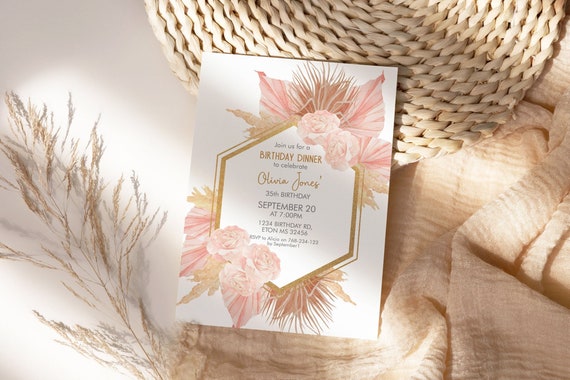 Pink Floral Dried Foliage Pampas Grass Birthday Invitation, Palm Leaves Boho Pastel, Printable Lunch Dinner Party, Editable Template Women