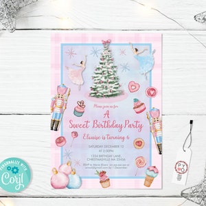 May include: A Sweet Birthday Party invitation with a pink and blue theme. The invitation features a Christmas tree, ballerinas, nutcrackers, and sweets. Text includes "Elouise is turning 6" and party details.