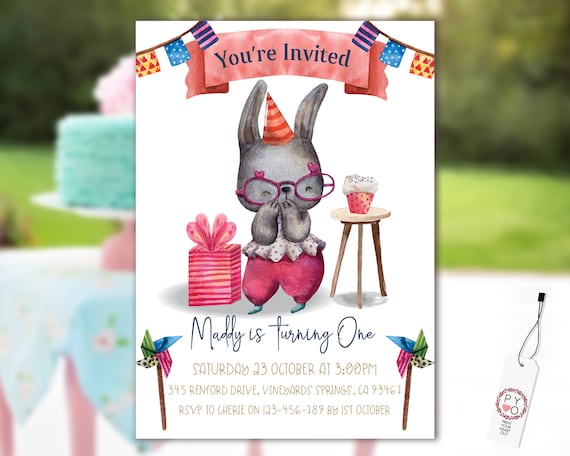 1st Birthday Bunny Rabbit Invitation Printable Template, One Editable Invitation, Cupcake Banner First Birthday, Watercolor Kids Invitation