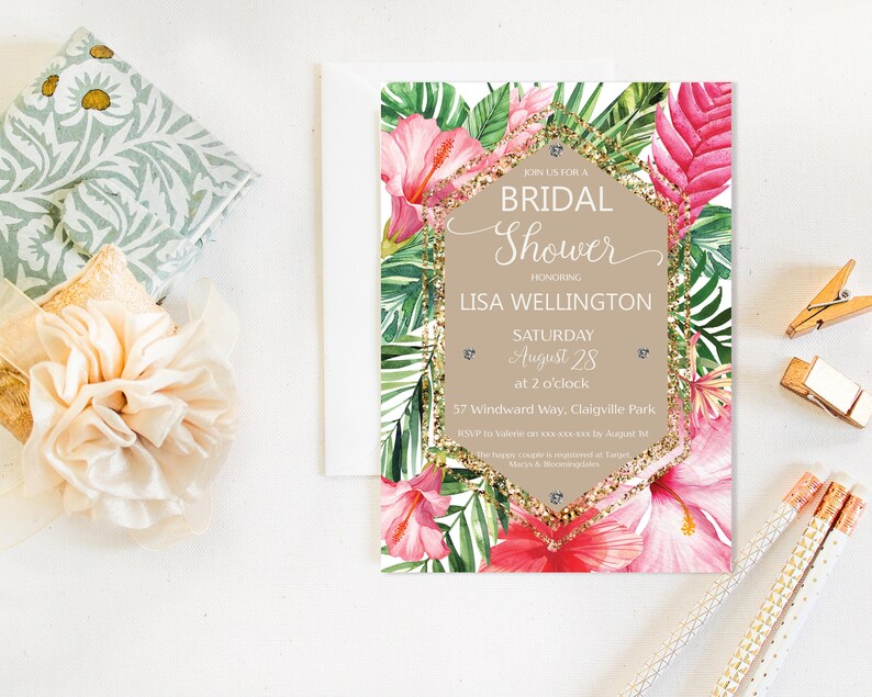 May include: Tropical themed bridal shower invitation with pink hibiscus flowers, green palm leaves, and gold glitter accents. The invitation reads "Join us for a Bridal Shower Honoring Lisa Wellington Saturday August 28 at 2 o'clock 57 Windward Way, Claigville Park RSVP to Valerie on xxx xxx xxx by August 1st"
