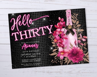 Hello Thirty Forty Fifty Pink Rosegold Champagne Birthday Invitation Printable Template, Floral Orchids Black Diamonds Sparkle Invite
