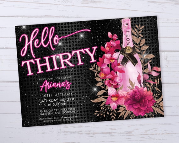 Hello Thirty Forty Fifty Pink Rosegold Champagne Birthday Invitation Printable Template, Floral Orchids Black Diamonds Sparkle Invite