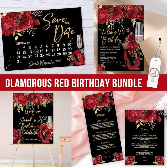 Red Gold Glitter Stiletto Champagne Birthday Invitation Bundle Templates, Editable Invite, Welcome Sign, Menus, Save the Date, Gold Glitter