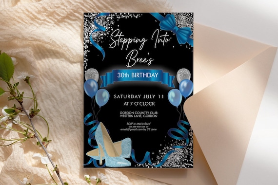 Blue High Heels Birthday Balloons Ribbons Invitation Printable Template, Silver Glitter Editable Party Invitation for Women, Printable Card