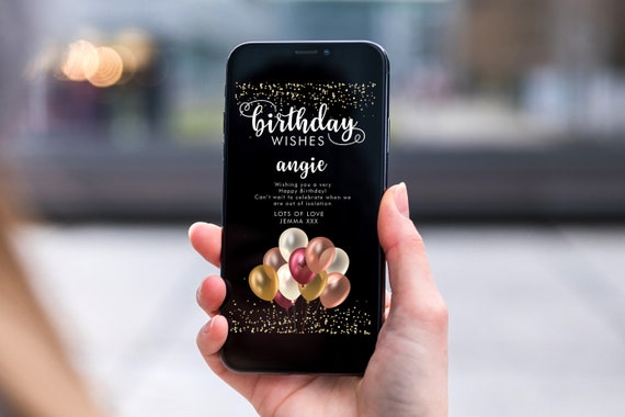 Burgundy Gold Balloons Electronic Birthday, Smartphone SMS Digital Editable template, EcoFriendly, ElectronicGlitter eCard Birthday Greeting