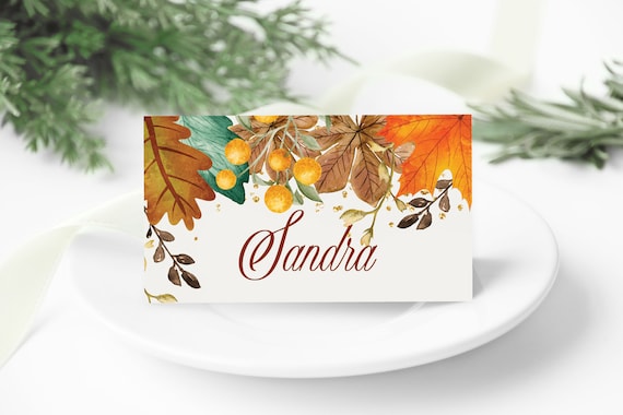 Thanksgiving Placecard Template, DIY Editable Cards, Printable Table Setting, Floral Pumpkin Cards, Turkey Day Download, Flowers Placecard