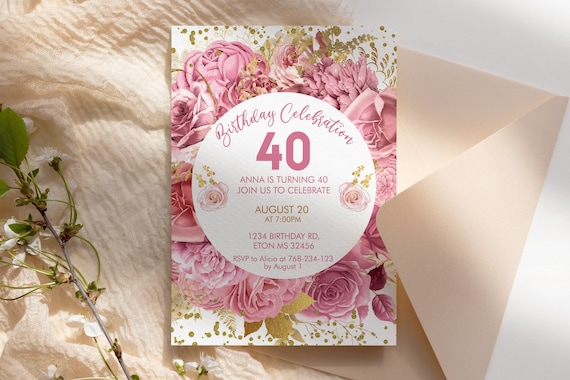 Pink Roses Flowers Invitation Printable Template, White Gold Confetti Editable Birthday Party Invitation Women, Pastel Blush Floral Invite