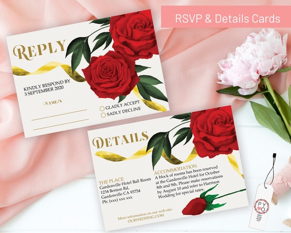 Red Roses Wedding Reply Details, Beauty Beast Theme RSVP, Rehearsal Reply, Watercolor Red Rose Cards, Printable, Editable Details Template