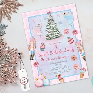 May include: A pink and blue birthday party invitation with a watercolor design. The invitation features a Christmas tree, ballerinas, and sweets. Text reads "A Sweet Birthday Party" and includes party details. Decorative snowflakes and ornaments surround the invitation.