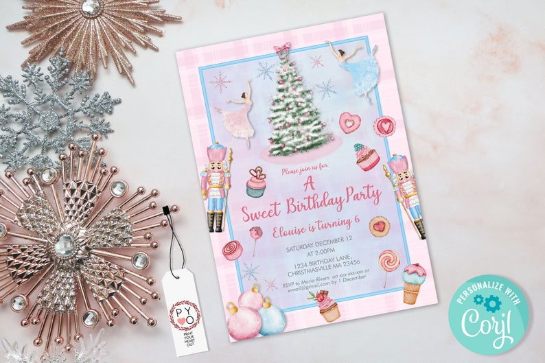 May include: A pink and blue birthday party invitation with a watercolor design. The invitation features a Christmas tree, ballerinas, and sweets. Text reads "A Sweet Birthday Party" and includes party details. Decorative snowflakes and ornaments surround the invitation.
