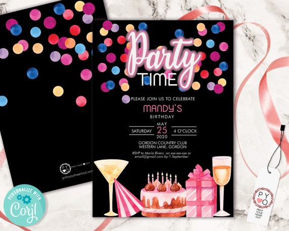 Bright Confetti Birthday Drinks Invitation Template: Editable Party Invite (Digital Download)