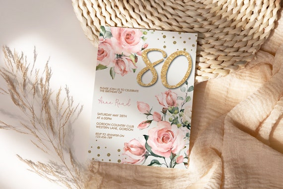 Any Age 50th 60th 70th 80th 90th 100th Birthday Blush Gold Glitter Number Floral Invitation Template, Pink Rose Editable Party Invite Women