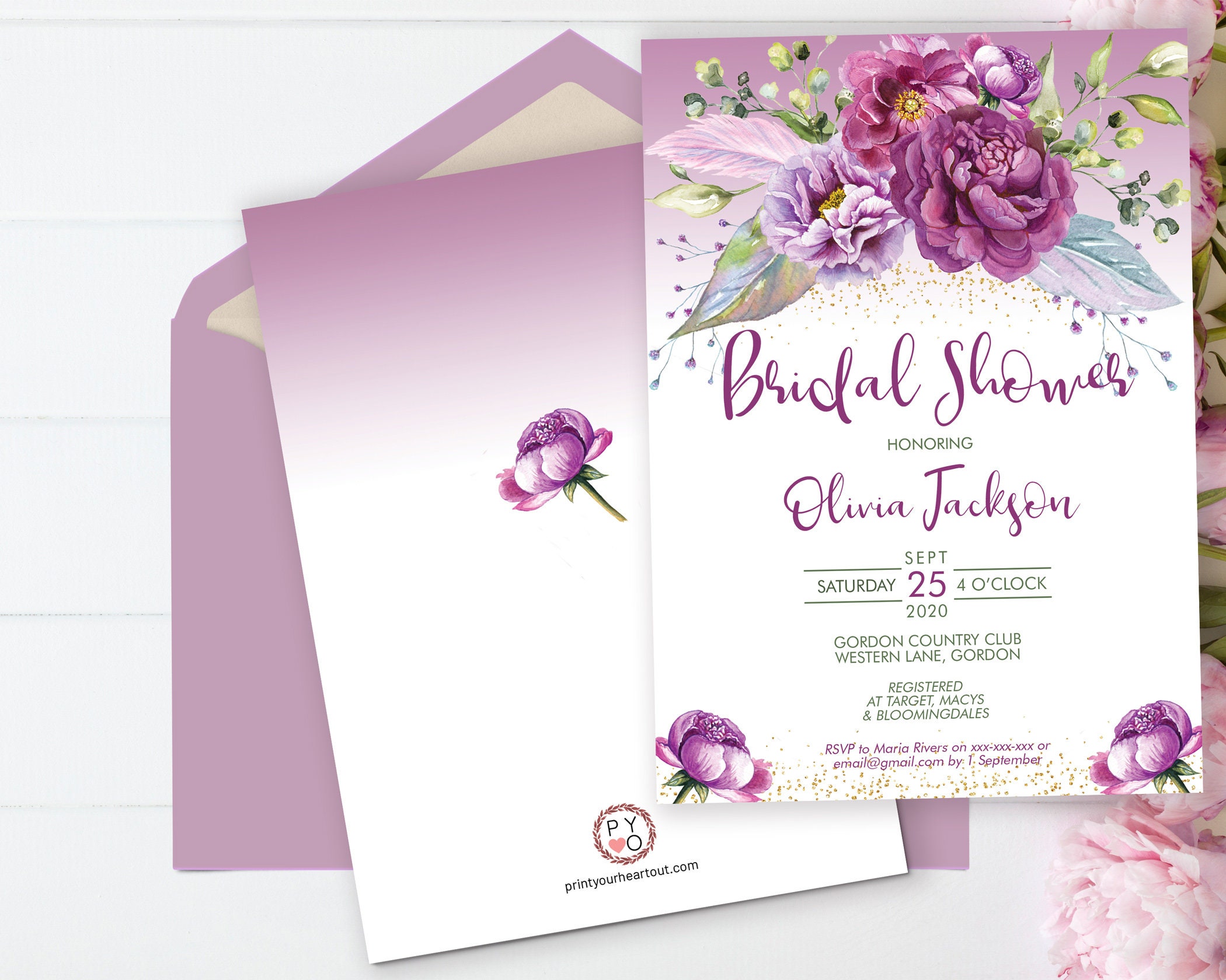 Purple Floral Bridal Shower Invitation Peonies Shower Invitation 