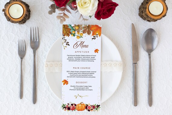 Thanksgiving Dinner Menu, DIY Editable Menu, Menu Cards, Printable Menu, Floral Pumpkin Menu, Turkey Day Menu, Menu Download, Flowers Menu