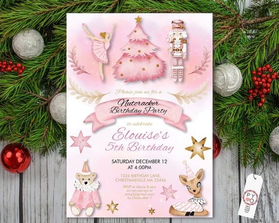 Nutcracker Birthday Invitation, Sugar Plum Fairy Holiday Party Printable Invite, Christmas Ballet Reindeer Xmas Tree Kids, Children Party