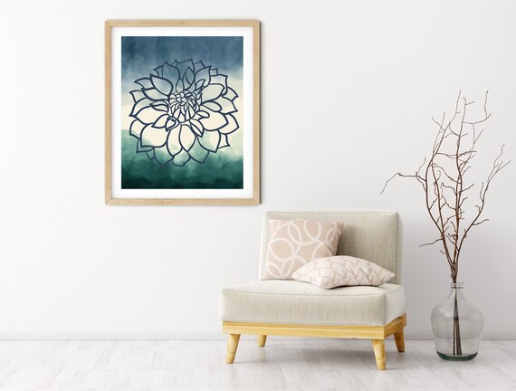 Blue Green Navy Dahlia Floral Greenery Art Digital Print | Printable Plant Art | Still Life Art Print |  Plant Wall Art | Big Flower Print