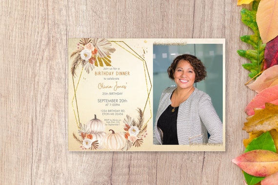 Fall White Pumpkins Pampas Grass Birthday Invitation, Autumn Palm Leaves Lights, Printable Dinner Party, Editable Template for Women Photo