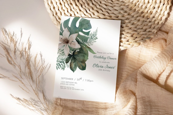 Boho Green Tropical Birthday Invitation, Modern Monsterra Palm Brunch Invite, Printable Lunch Dinner Party, Dried Leaves Editable Template