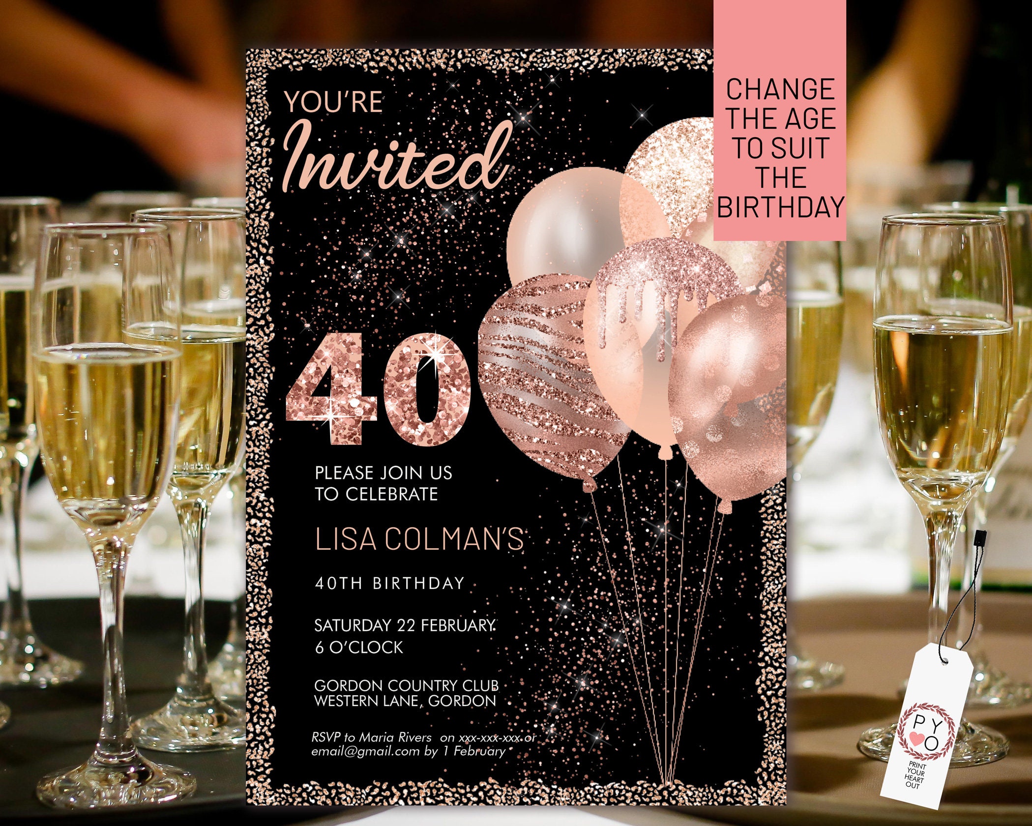 Any Age Rose Gold Birthday Balloons Invitation Printable Template