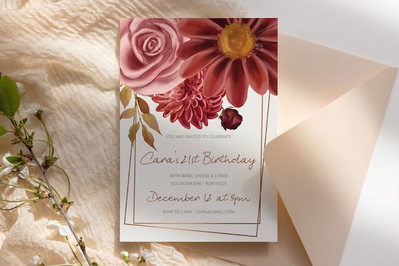 Big Burgundy Fall Watercolor Flower Birthday Invitation Printable Template, Any Age Designer Rosegold Editable Invite Women Floral Card