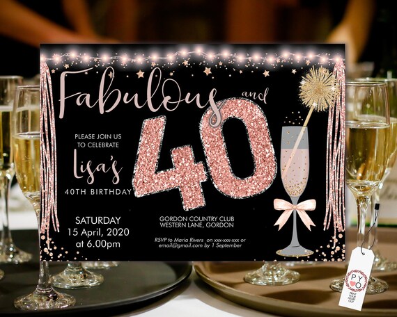 Rosegold Pink Champagne 40 Birthday Invitation Printable Template, Horizontal Birthday Party Invitation Women, Printable gold lights Invite