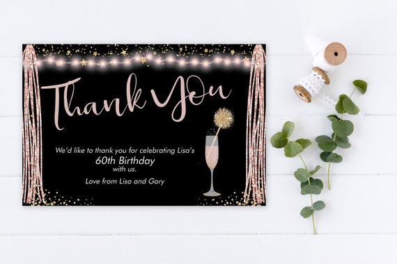 Pink Champagne Black Gold Glitter Thank You Card, Editable Thanks Postcard, Matching Blush Pink Sparkling Thank You Card, DIY Edit Yourself