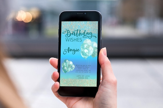 Aqua Blue Glitter Electronic Birthday, Smartphone SMS Digital Editable template, EcoFriendly, Electronic Balloon eCard Birthday Greeting