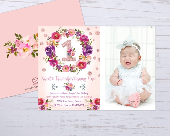 Pink Floral 1st Birthday Photo Glitter Invitation Printable Template, One Editable Birthday Invitation for Girls, Glitter First Birthday