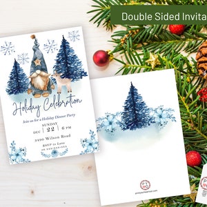 May include: A double-sided holiday invitation featuring a watercolor gnome, a deer, and blue pine trees. The text reads Holiday Celebration, Join us for a Holiday Dinner Party, Sunday Dec 22 6 PM, 3490 Wilson Road, RSVP to Lana on xxx-xxx-xxx.