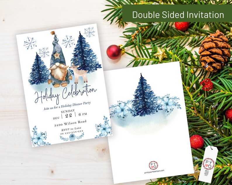 May include: A double-sided holiday invitation featuring a watercolor gnome, a deer, and blue pine trees. The text reads Holiday Celebration, Join us for a Holiday Dinner Party, Sunday Dec 22 6 PM, 3490 Wilson Road, RSVP to Lana on xxx-xxx-xxx.