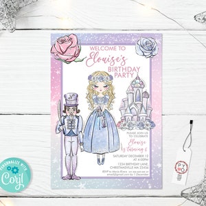 May include: A watercolor-style birthday party invitation with a princess theme. The invitation features a princess, a nutcracker, and a castle, with the text "Welcome to Elouise's Birthday Party". The invitation is decorated with pink and purple hues.