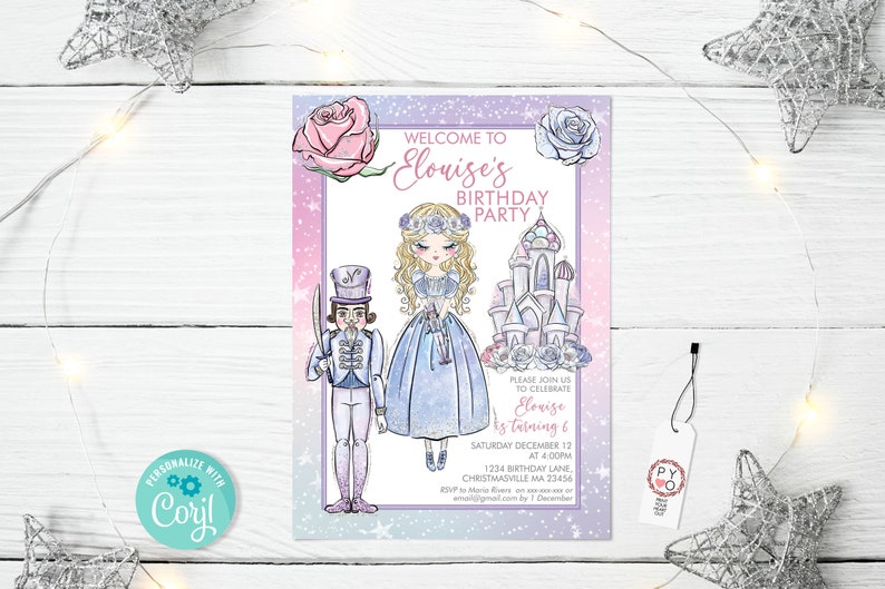 May include: A watercolor-style birthday party invitation with a princess theme. The invitation features a princess, a nutcracker, and a castle, with the text "Welcome to Elouise's Birthday Party". The invitation is decorated with pink and purple hues.